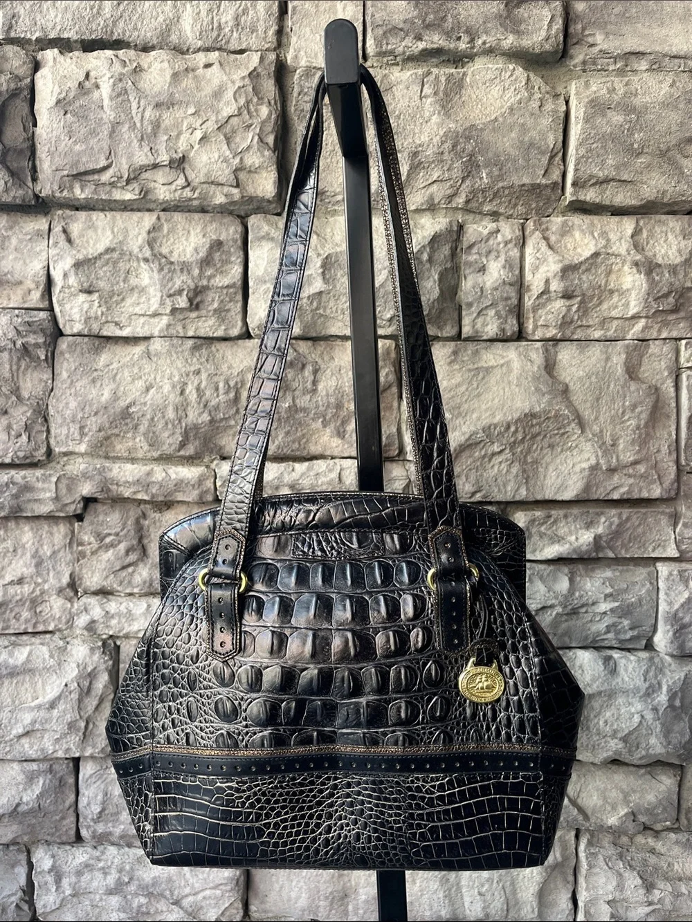 Vintage Brahmin Black Croc-Embossed Shoulder Tote, New condition